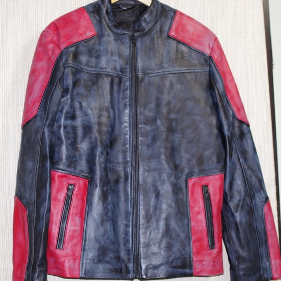 J4 Jacket Leather Black Red moto Biker Jacket Men's Size:L - Picture 1 of 5